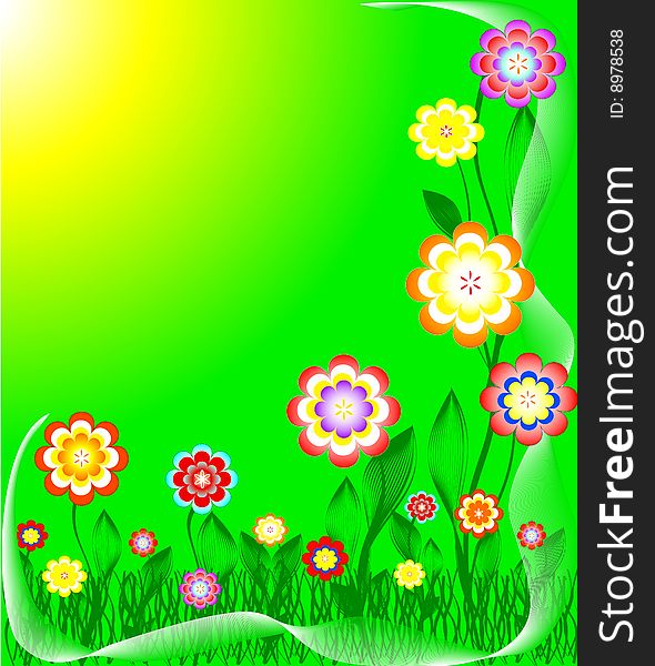 Flowering Meadow - Beautiful flowers and meadow with sun. vector illustration. Flowering Meadow - Beautiful flowers and meadow with sun. vector illustration