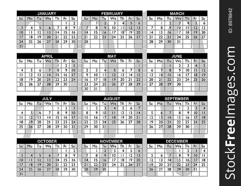 A calendar for 2010 on a white background with the months in a grid system with the year 2010 in a grey color or tint colour behind months. A calendar for 2010 on a white background with the months in a grid system with the year 2010 in a grey color or tint colour behind months