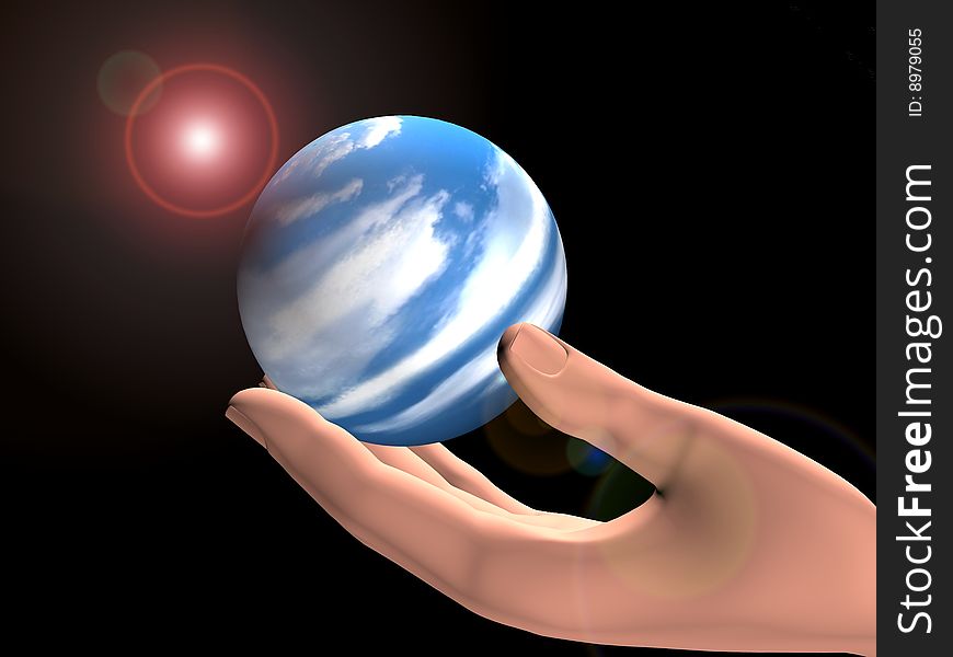 Human hand holding a small planet in outer space. Human hand holding a small planet in outer space