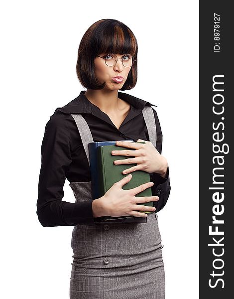 Injured brunette schoolgirl hold books in the hands over white background