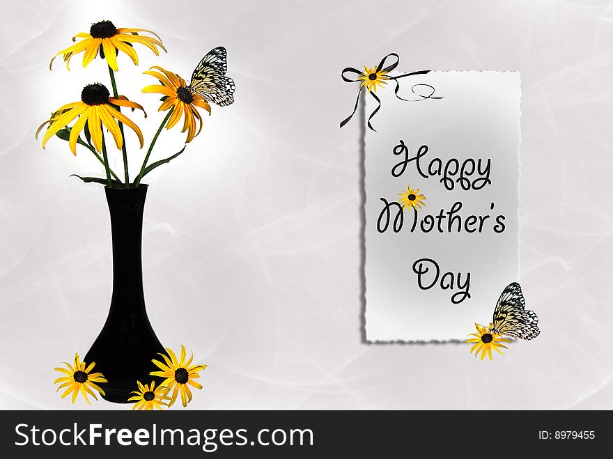 Black-eyed susans and butterfly in vase. Black-eyed susans and butterfly in vase.
