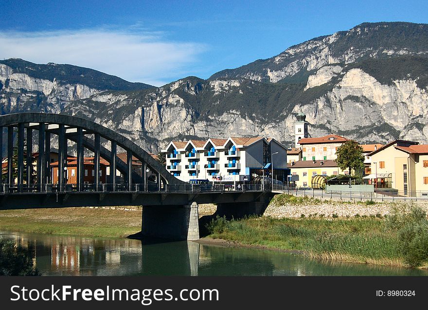 Italian village at the foot of mountains