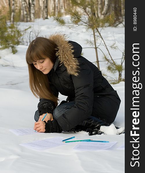Writing Woman In Winter Forest