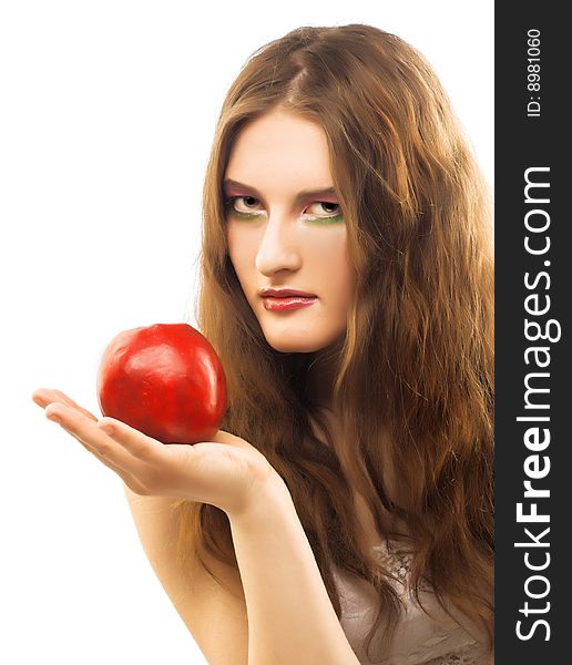 Portrait of young girl with red apple in her hand. Portrait of young girl with red apple in her hand