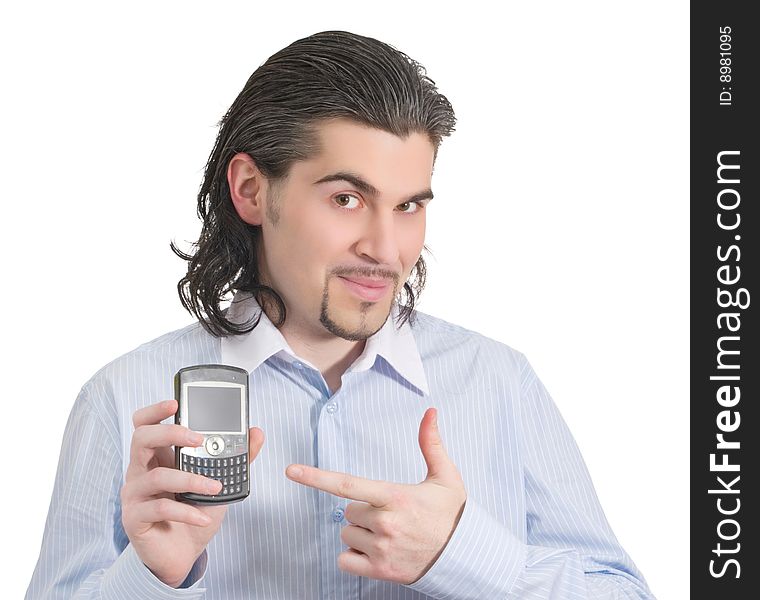 Young man pointing at his phone isolated white