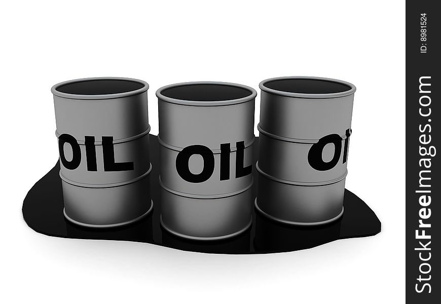 3d illustration of three oil barrels over white background