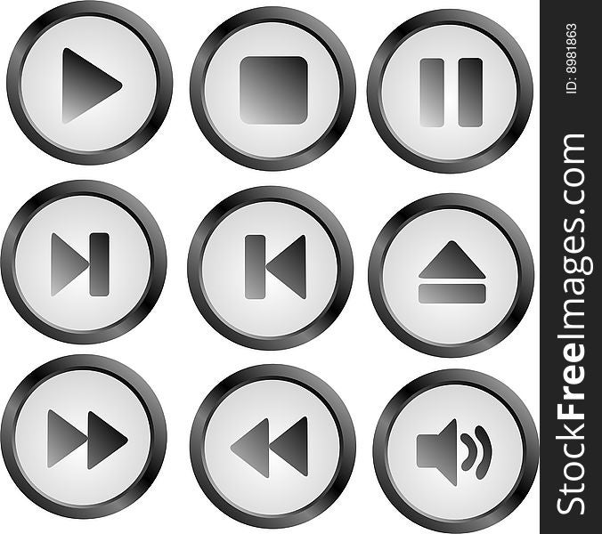 Vector black and white audio buttons on white background. Vector black and white audio buttons on white background