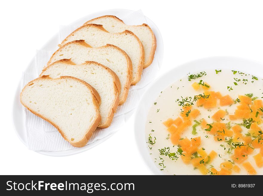 Clear Chicken Broth with Sliced Bread isolated over white. Bon appetit!. Clear Chicken Broth with Sliced Bread isolated over white. Bon appetit!