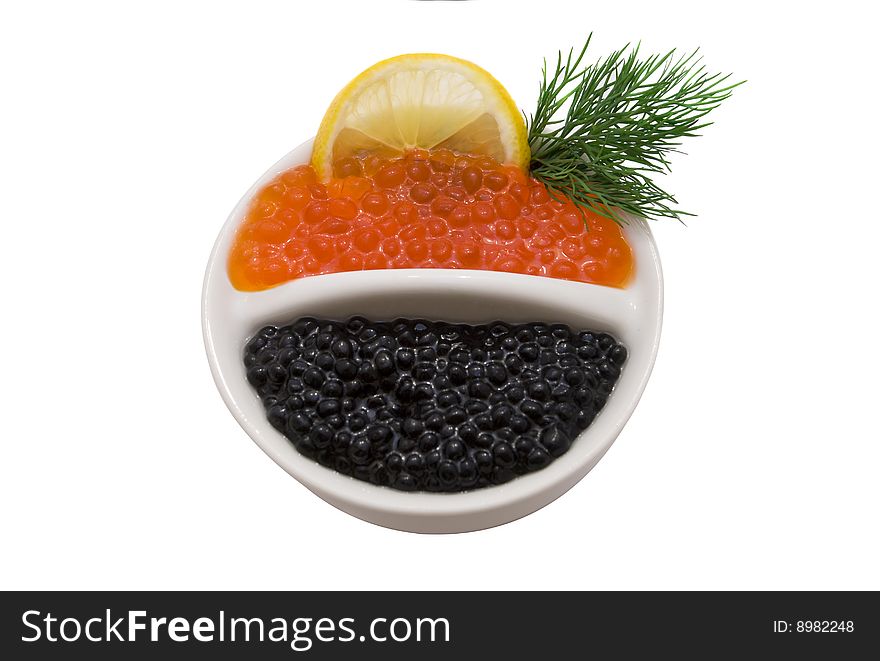 Red and black caviar on white background