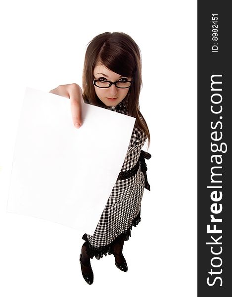 Buisiness woman holding up a blank clipboard