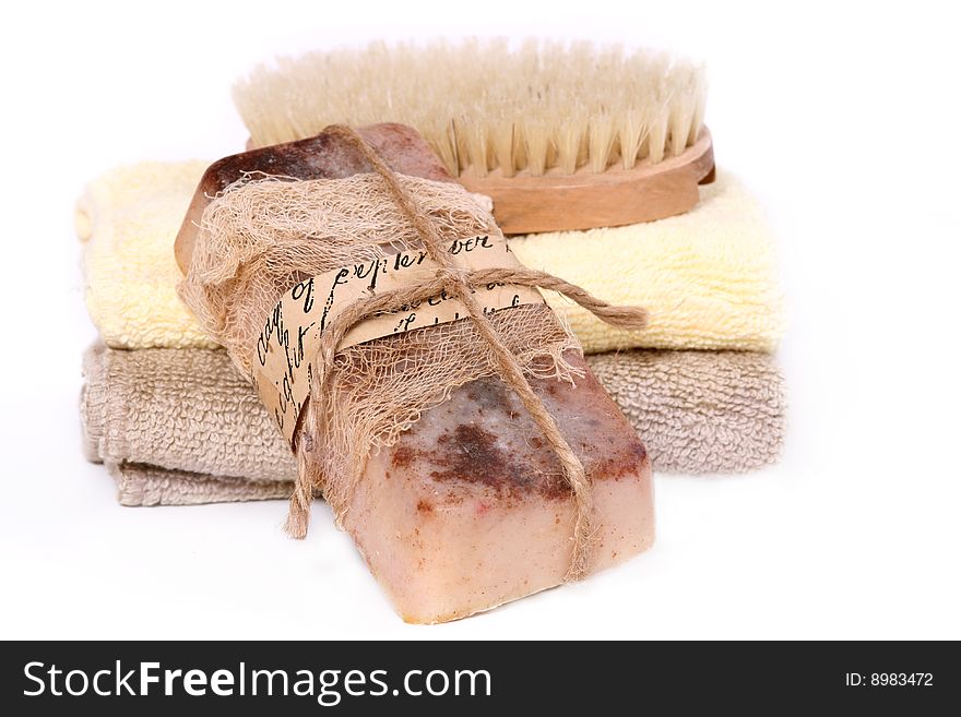 Homemade soap with scrub brust on washcloths. Homemade soap with scrub brust on washcloths