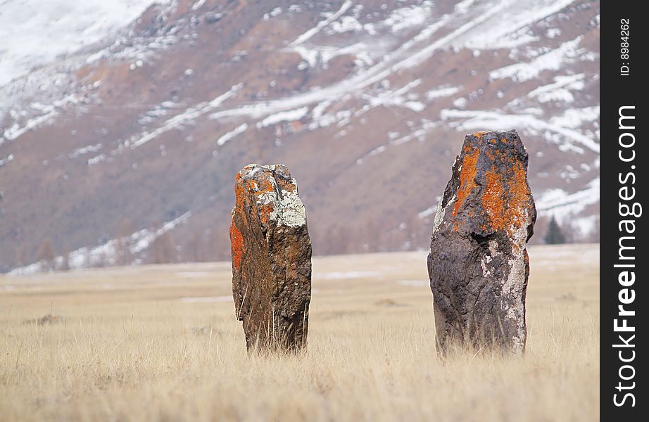 Two ancient menhirs in Altai mountains, Asia