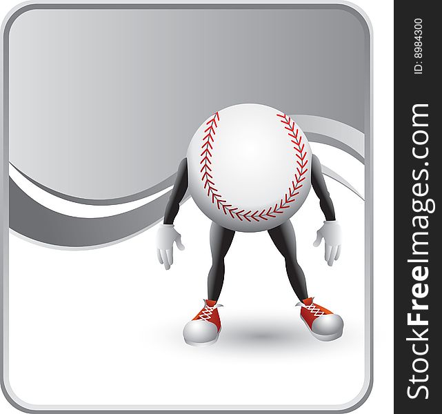 Cartoon character of a baseball with a silver background. Cartoon character of a baseball with a silver background