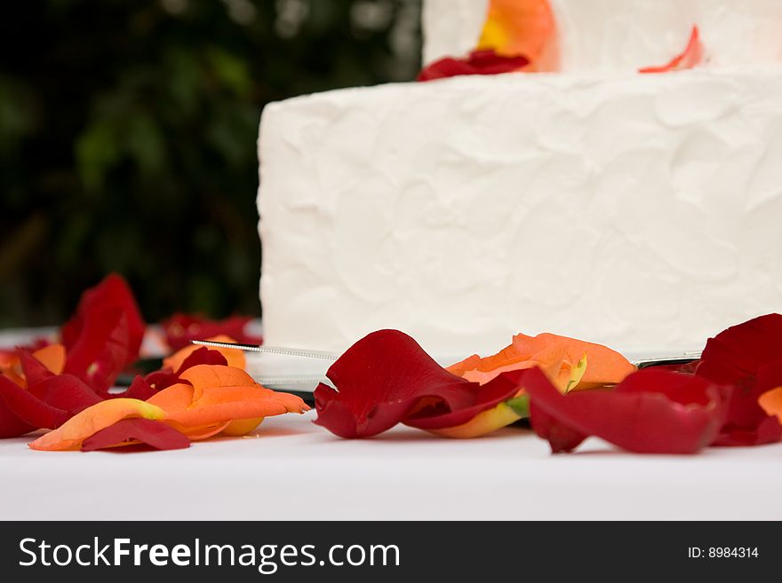 Wedding cake with rose petals