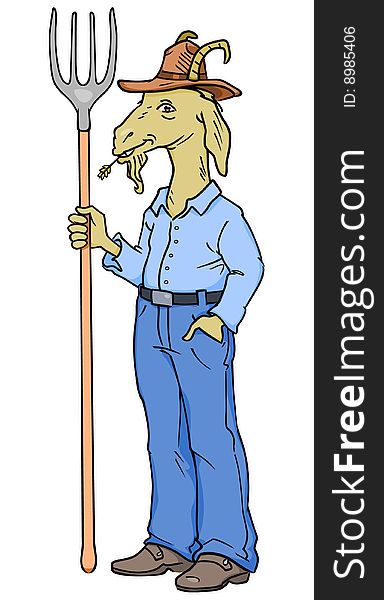 Farmer goat character standing with pitchfork in hand. Farmer goat character standing with pitchfork in hand.