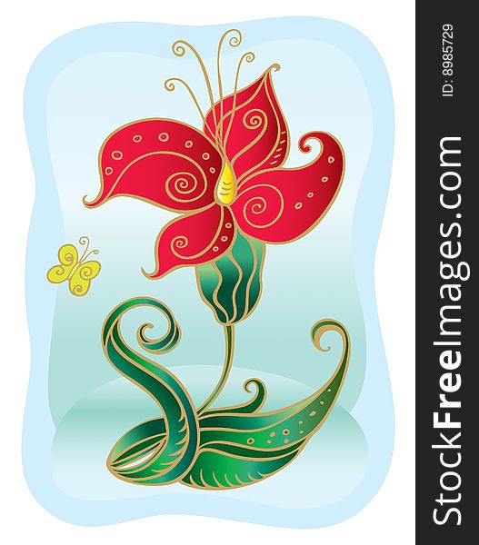 Vector illustration of a decorative red flower and a small butterfly