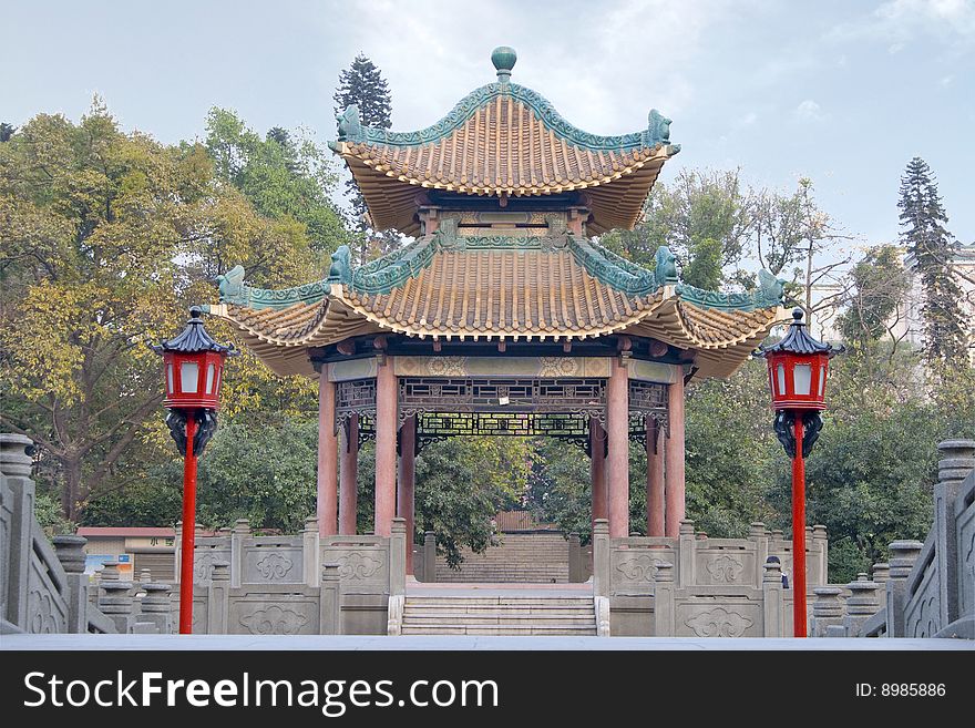 The summerhouse with two street lamp in china park