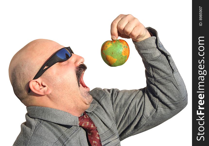 Greedy businessman with apple like globe. Greedy businessman with apple like globe.