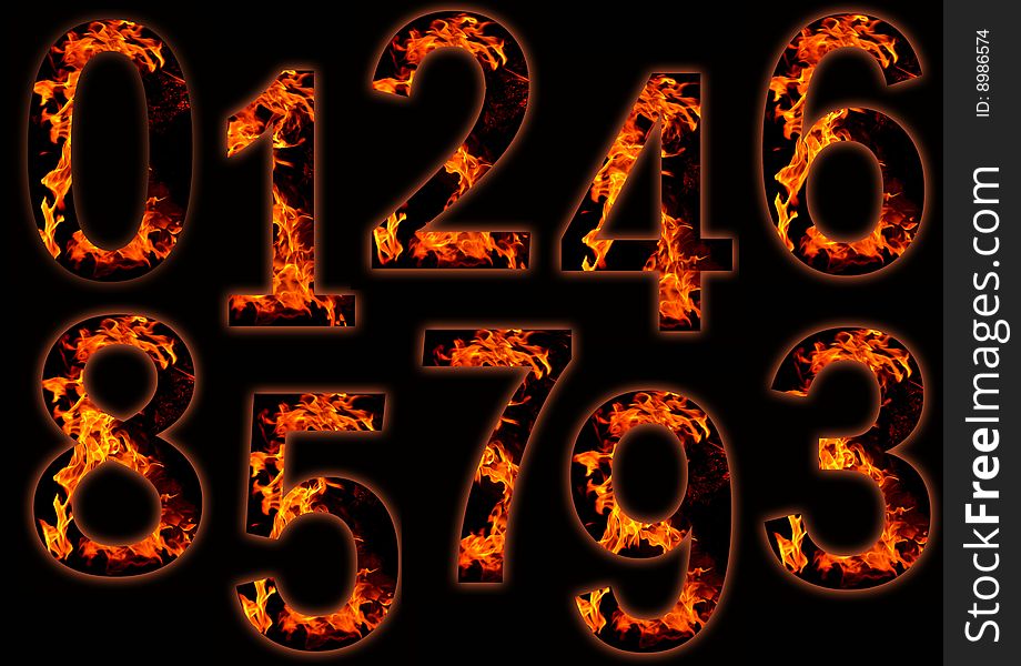 Digits on fire isolated on black.