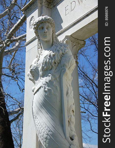 White marble statue Greek woman grave marker. White marble statue Greek woman grave marker