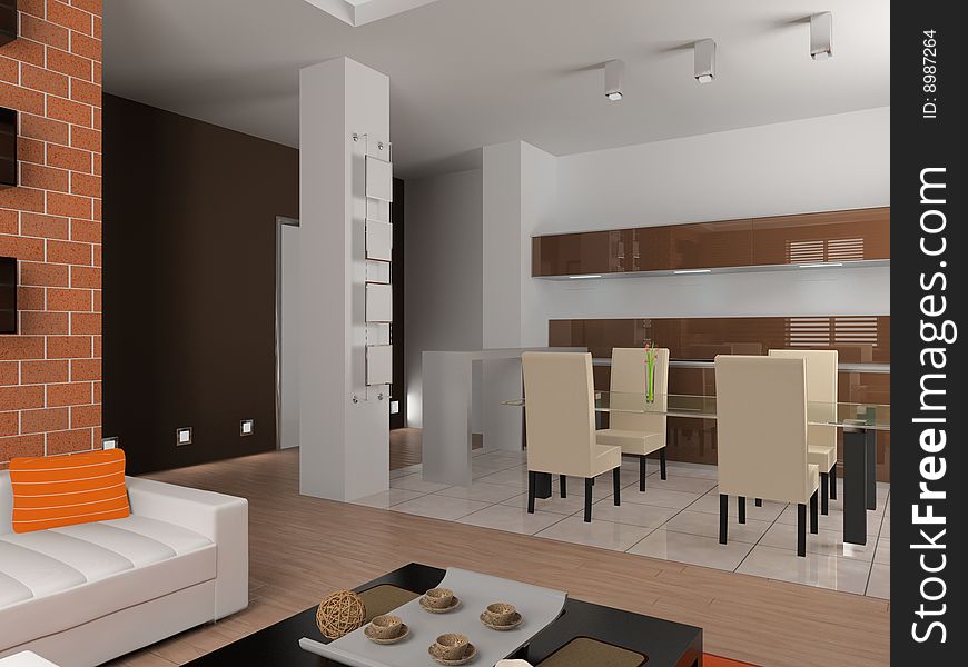 Modern interior of dining room 3D