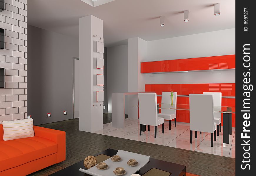 Modern interior of dining room 3D