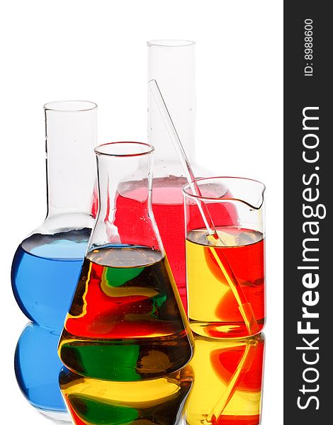 Various colorful flasks on a white background