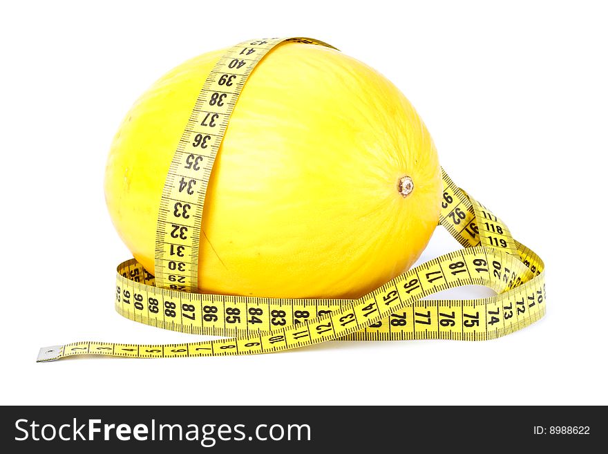 Fresh melon with measuring tape. Close up. Fresh melon with measuring tape. Close up