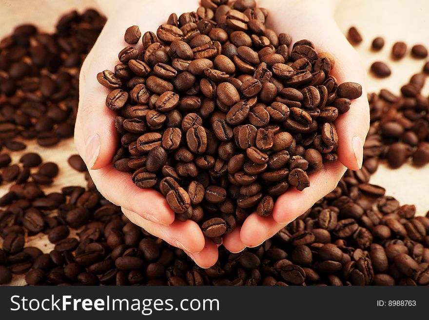 Coffee background: Close-up of a beans cup, mill. Coffee background: Close-up of a beans cup, mill