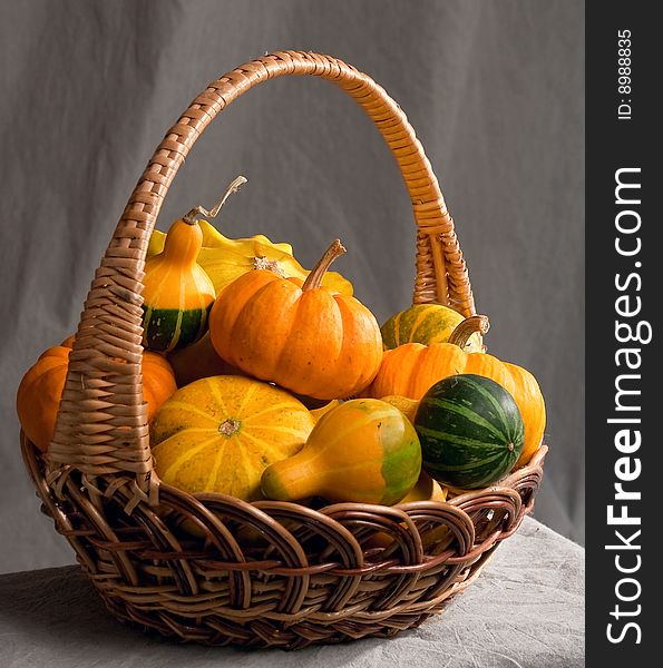 Pumpkins, melons in a bast-basket by a large plan