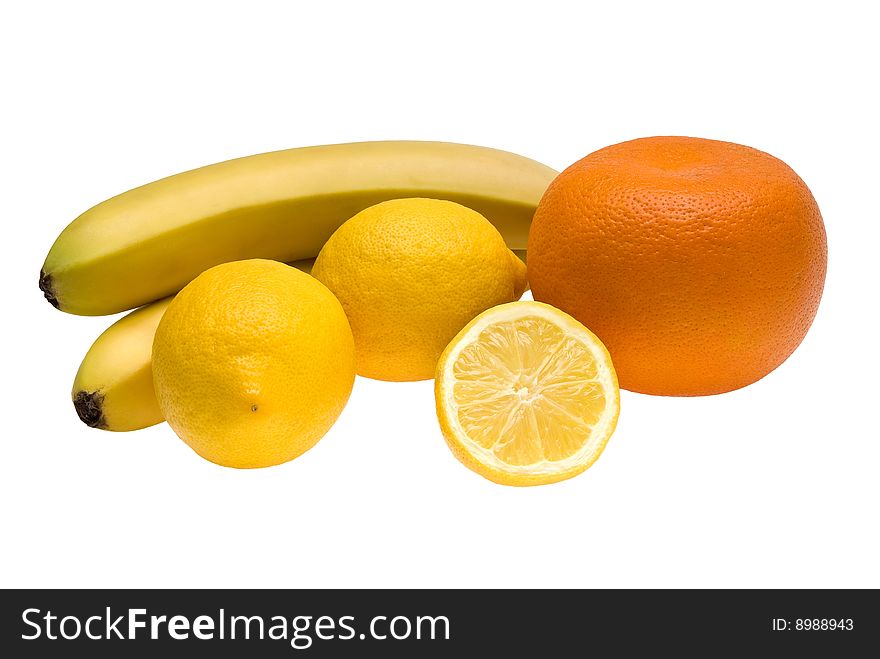 Two bananas, one grapefruit and two and a half lemon lying together on isolated white background. Two bananas, one grapefruit and two and a half lemon lying together on isolated white background