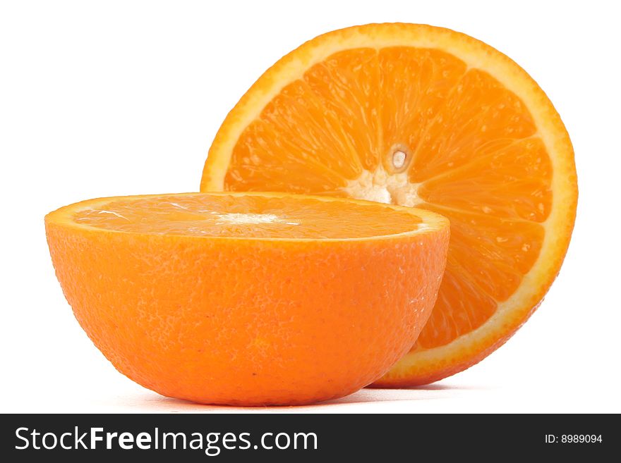 Orange cut on two parts. One segment horizontally, another vertically.