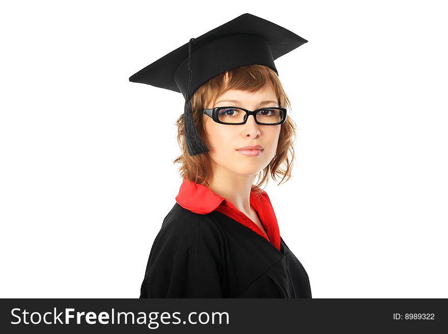 Portrait of a young woman in an academic gown. Educational theme. Portrait of a young woman in an academic gown. Educational theme.