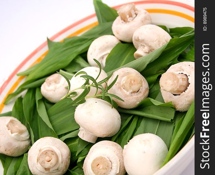 Fresh ramson with white mushrooms in a bowl. Fresh ramson with white mushrooms in a bowl