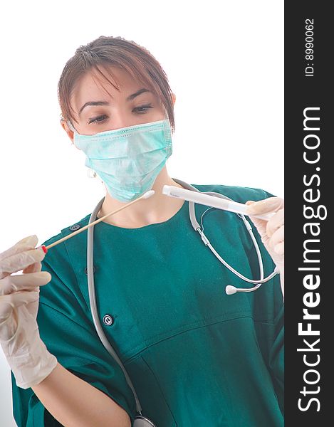 Female doctor taking bio samples using a medical sterile tube. Female doctor taking bio samples using a medical sterile tube