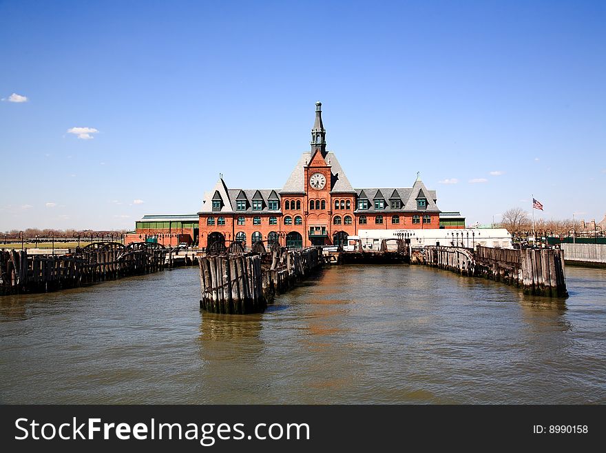 An old train station used for transport immigrants in early 1900 facing Manhattan in New Jersey. An old train station used for transport immigrants in early 1900 facing Manhattan in New Jersey