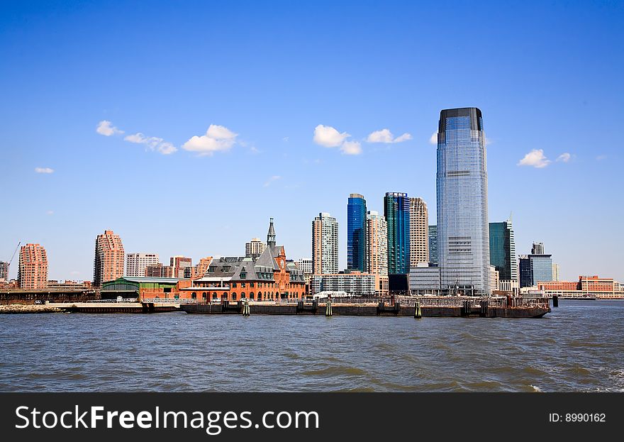 An old train station and modern high-rise office buildings in New Jersey. An old train station and modern high-rise office buildings in New Jersey