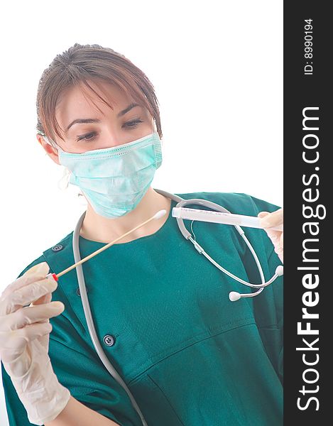 Female doctor taking bio samples using a medical sterile tube. Female doctor taking bio samples using a medical sterile tube