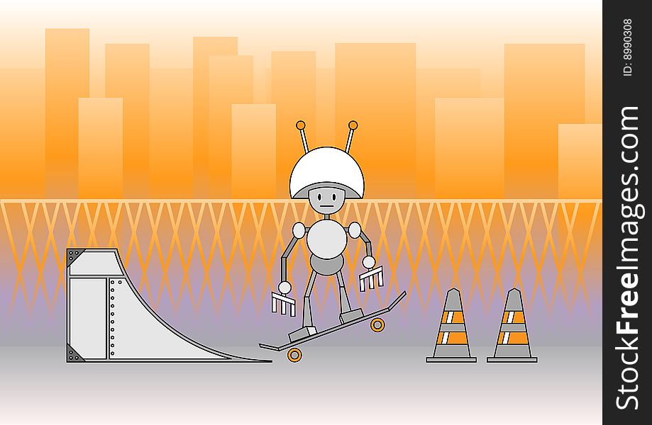 Vector illustration of comic robot with the skateboard on the urban background.