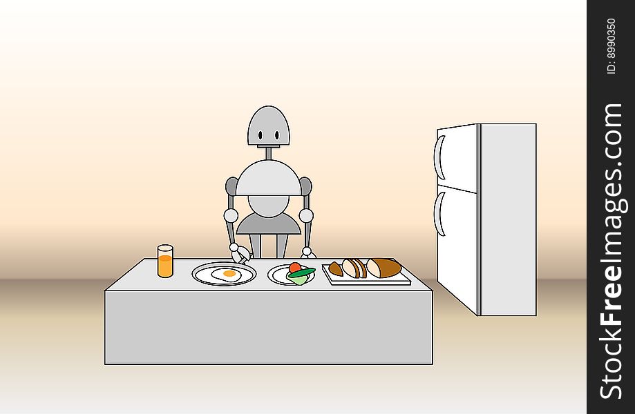 Vector illustration of comic robot on the kitchen, near the table with the meal.