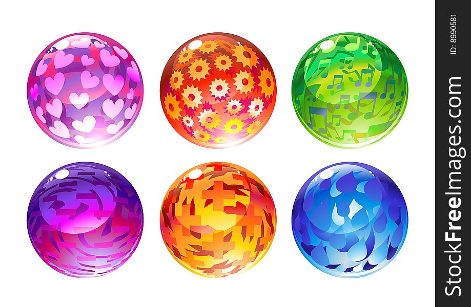 Vector illustration of the beautiful balls set decorated with different objects.