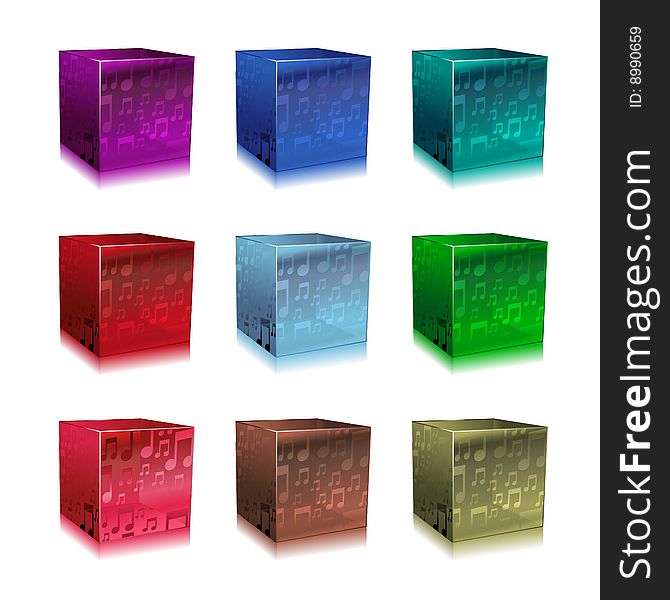 Vector Illustration of modern glass cubes in different colors, decorated with music notes.