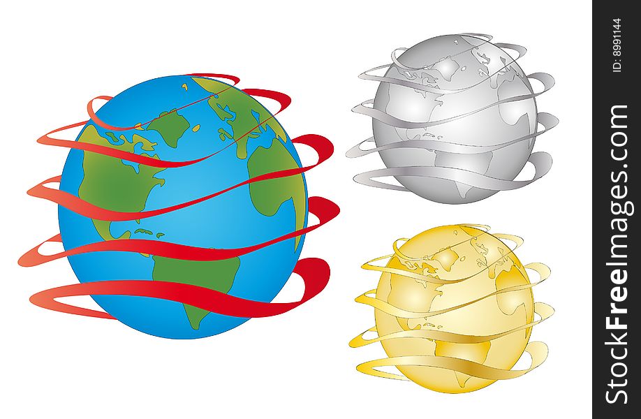 Globe wrapped up around a tape. In three colours. Globe wrapped up around a tape. In three colours.