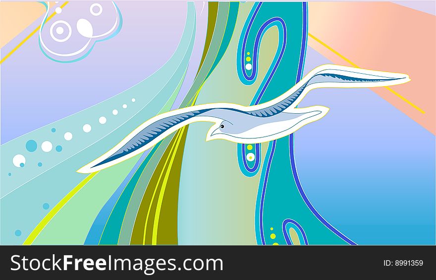 Vector Stylized  Illuctration  of an idyllic summer scene with waves, sun and seagull