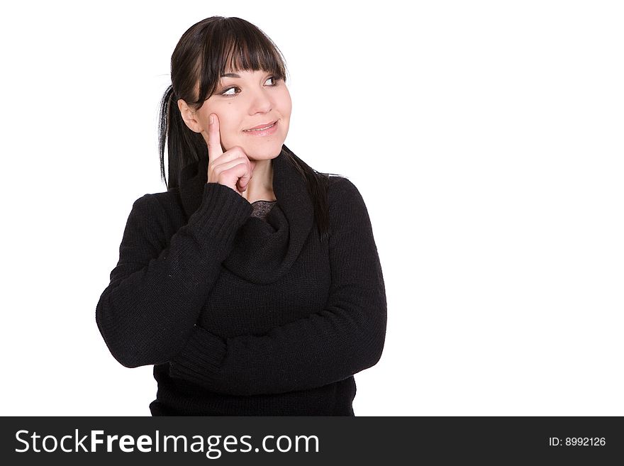Happy brunette casual woman over white background