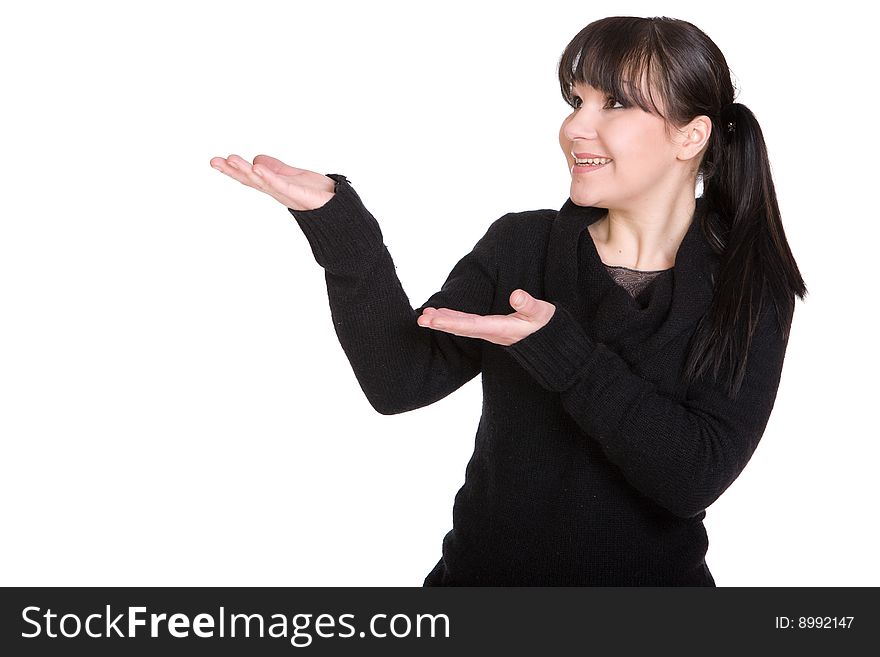 Happy brunette casual woman over white background