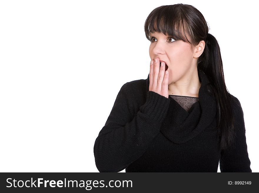 Happy brunette casual woman over white background