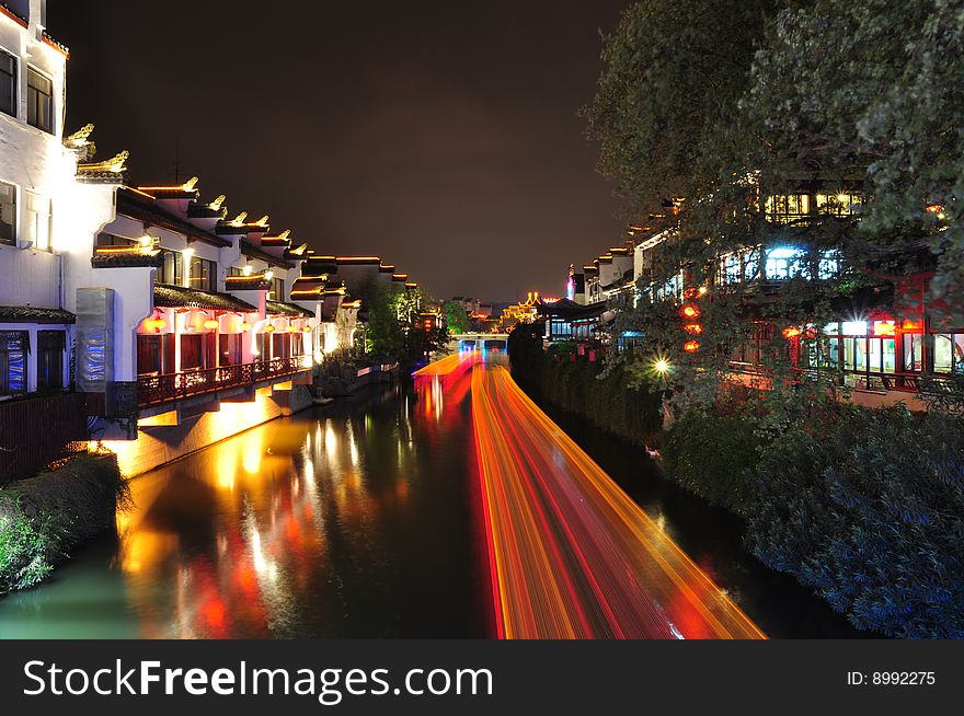 Night scene of Qinhuai river and the boats lights