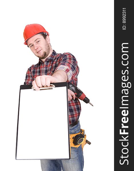 Worker with tools. over white background