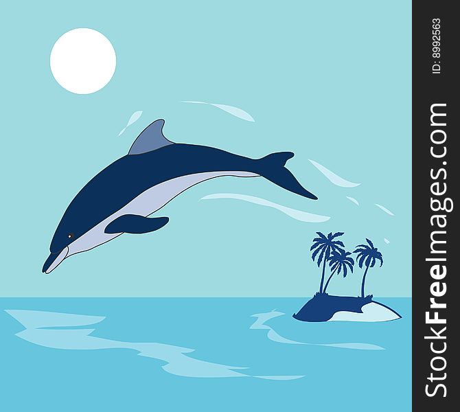 Vector illustration with dolphin, sea and island
